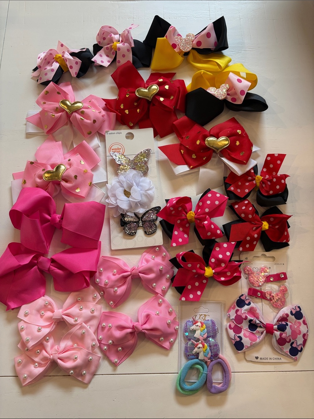 Assorted Kids Hair Bows and Clips - Pink, Red, Black, Yellow